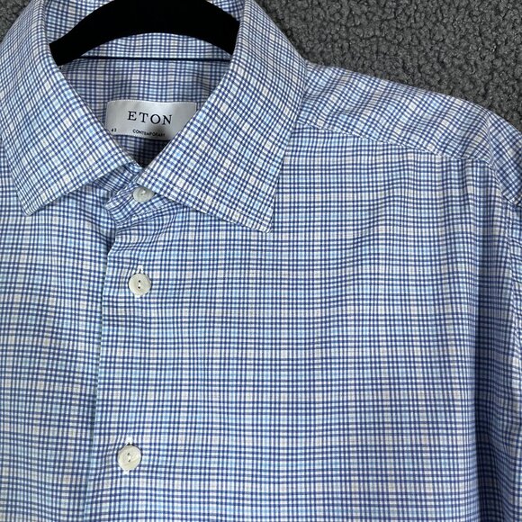 Eton Fill Twill Cotton Contemporary Check Button Up Shirt - Men's Size 43/17 - Picture 1 of 9